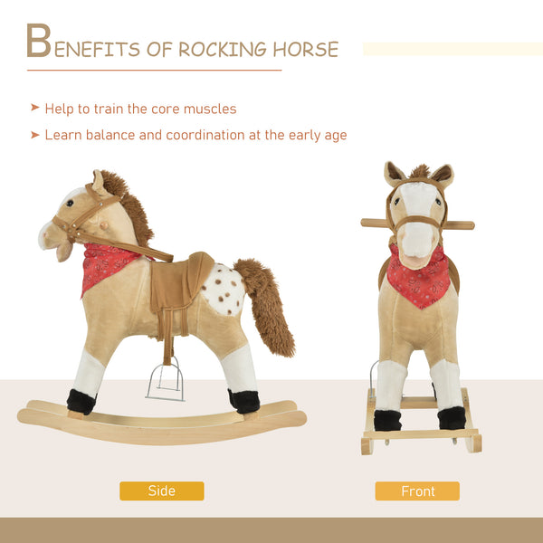 Cowboy Style Plush Rocking Horse with Realistic and Fun Sounds, Beige