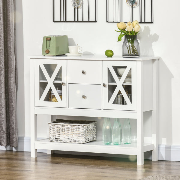 Glass Door Sideboard with Storage Drawers and Adjustable Shelves, Console Table for Living Room, Kitchen, Entryway, White