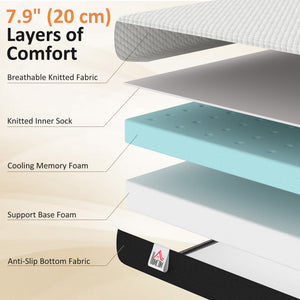 8" Cooling Memory Foam King Mattress, Medium-Firm Comfort and Lumbar Support – White and Gray