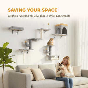 Cat climbing wall with scratching posts, cat house, hammock and perches, light grey