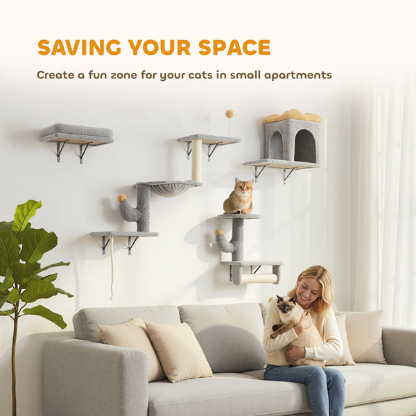 Cat climbing wall with scratching posts, cat house, hammock and perches, light grey