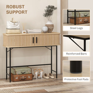 Narrow console with slatted sliding doors and legs in steel, oak and black