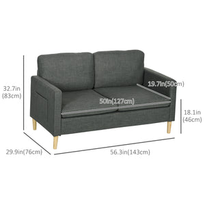 Modern upholstered two seater sofa with side pockets, grey