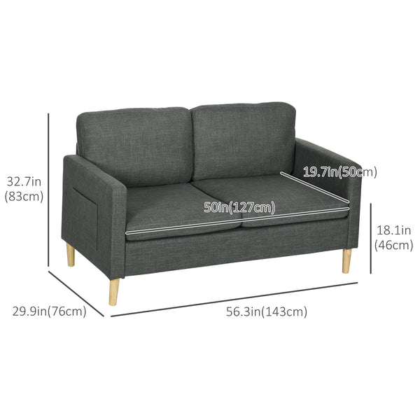 Modern upholstered two seater sofa with side pockets, grey