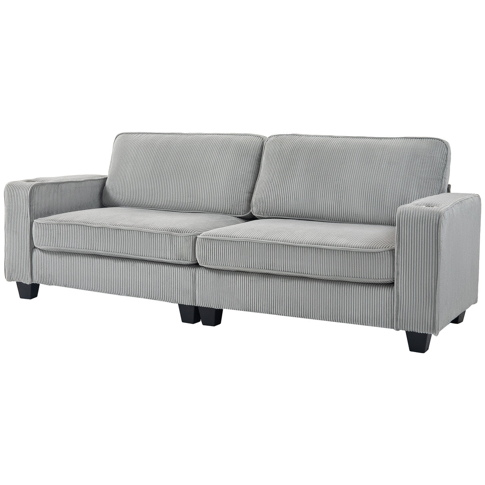3-seater fabric sofa with spring cushion and cup holders, light grey