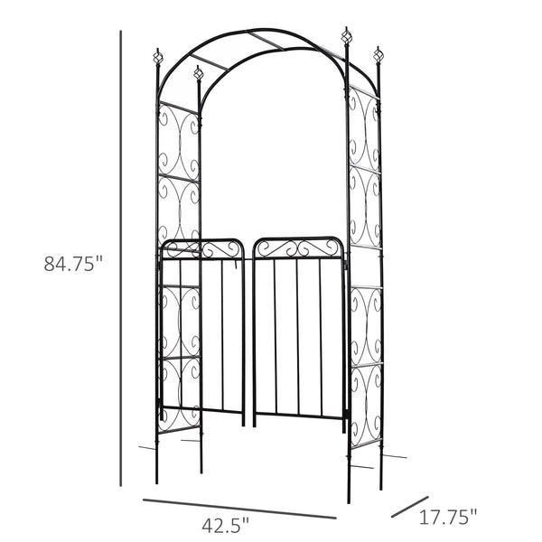 Metal garden arch with scrollwork doors