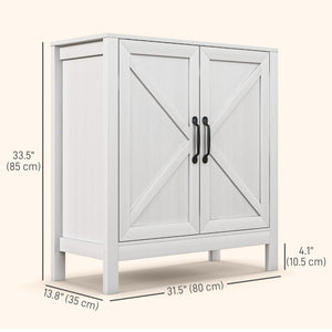 Kitchen buffet with barn-style sliding door and adjustable shelves, white wood look.