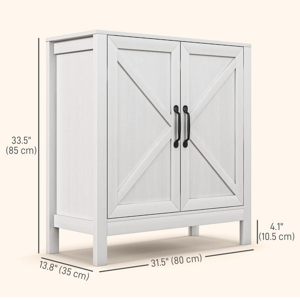Kitchen buffet with barn-style sliding door and adjustable shelves, white wood look.