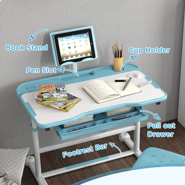 Height Adjustable Kids Desk and Chair Set with Tilting Top, Blue