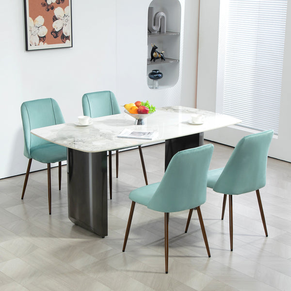 Set of 4 velvet upholstered chairs with steel backrest and legs, light green