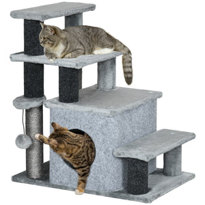 Cat stairs with scratching posts and ball toy, grey