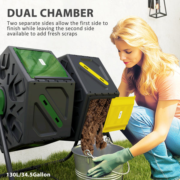 Double-chamber rotary composter with 24 vents and steel legs
