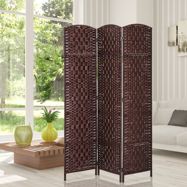 3-Panel Folding Room Divider with Wooden Frame, Brown
