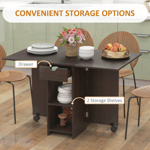 Folding dining table with drawer and storage shelves dark brown