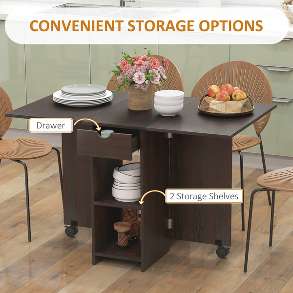 Folding dining table with drawer and storage shelves dark brown