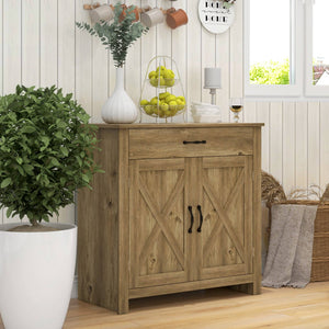 Farmhouse Style Sideboard, Storage Cabinet with Barn Doors, Natural Wood