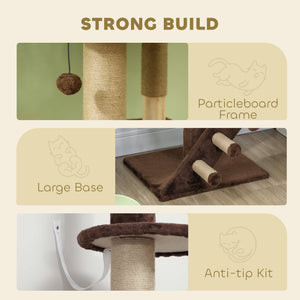 226-264cm Cat Tree with Scratching Post, 3 Steps, Hanging Ball, Brown 