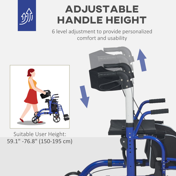 20cm Height Adjustable Folding Rollator Walker, Blue
