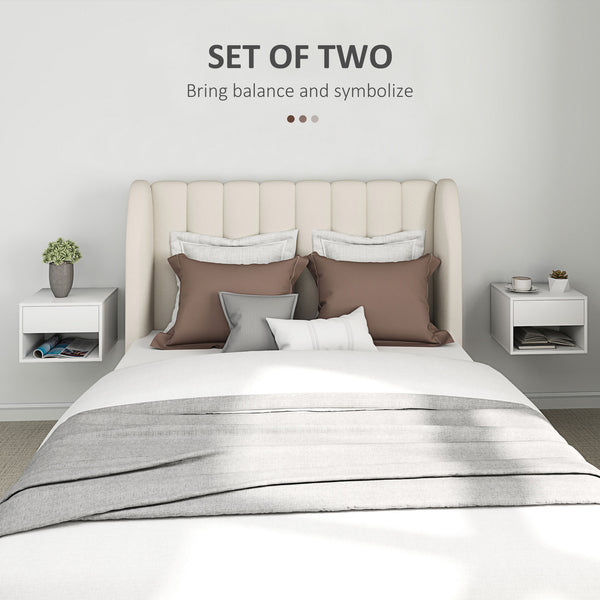 Set of 2 floating bedside tables, wall mounted with drawer, white