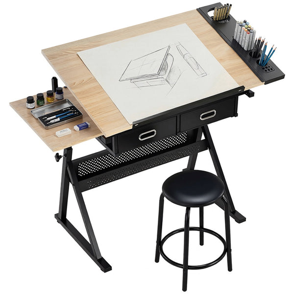 Adjustable Drafting Table with Stool and Storage Drawers for Painting, Oak