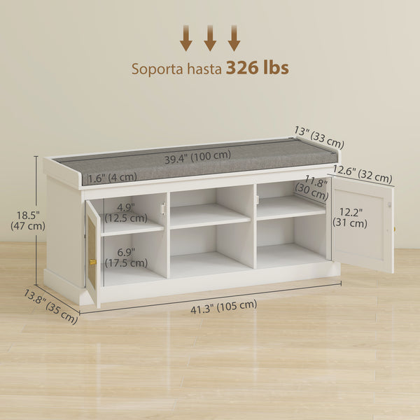 Shoe bench with padded cushion, white