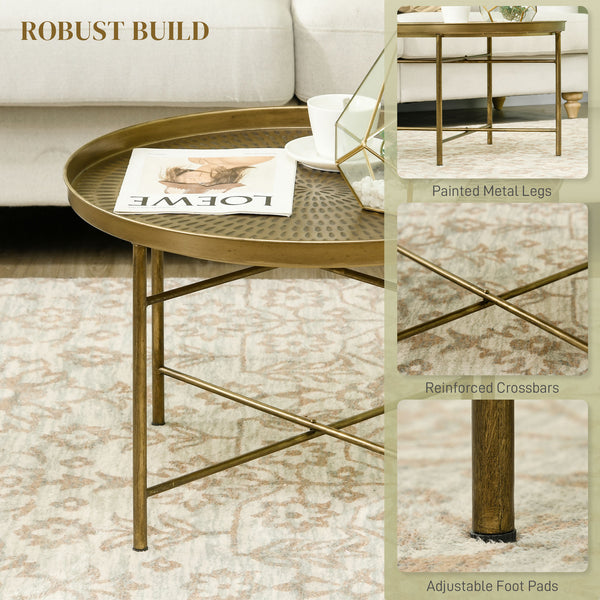 Vintage round coffee table with hammered top and metal frame, Gold