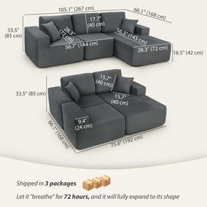 2-in-1 Modular Sectional Sofa, Boneless L Shaped Couch Sofa Bed, Dark Grey