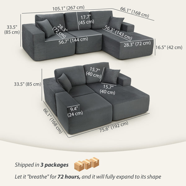 2-in-1 Modular Sectional Sofa, Boneless L Shaped Couch Sofa Bed, Dark Grey