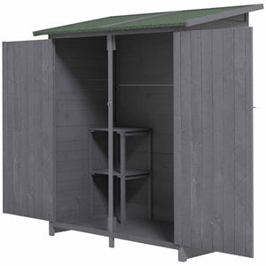 Garden shed with asphalt roof, double wooden door, shelf, green and grey