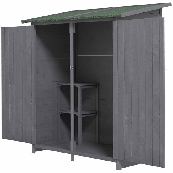 Garden shed with asphalt roof, double wooden door, shelf, green and grey