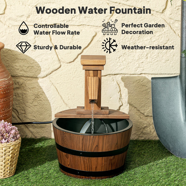 Outdoor cascading fountain, wooden barrel