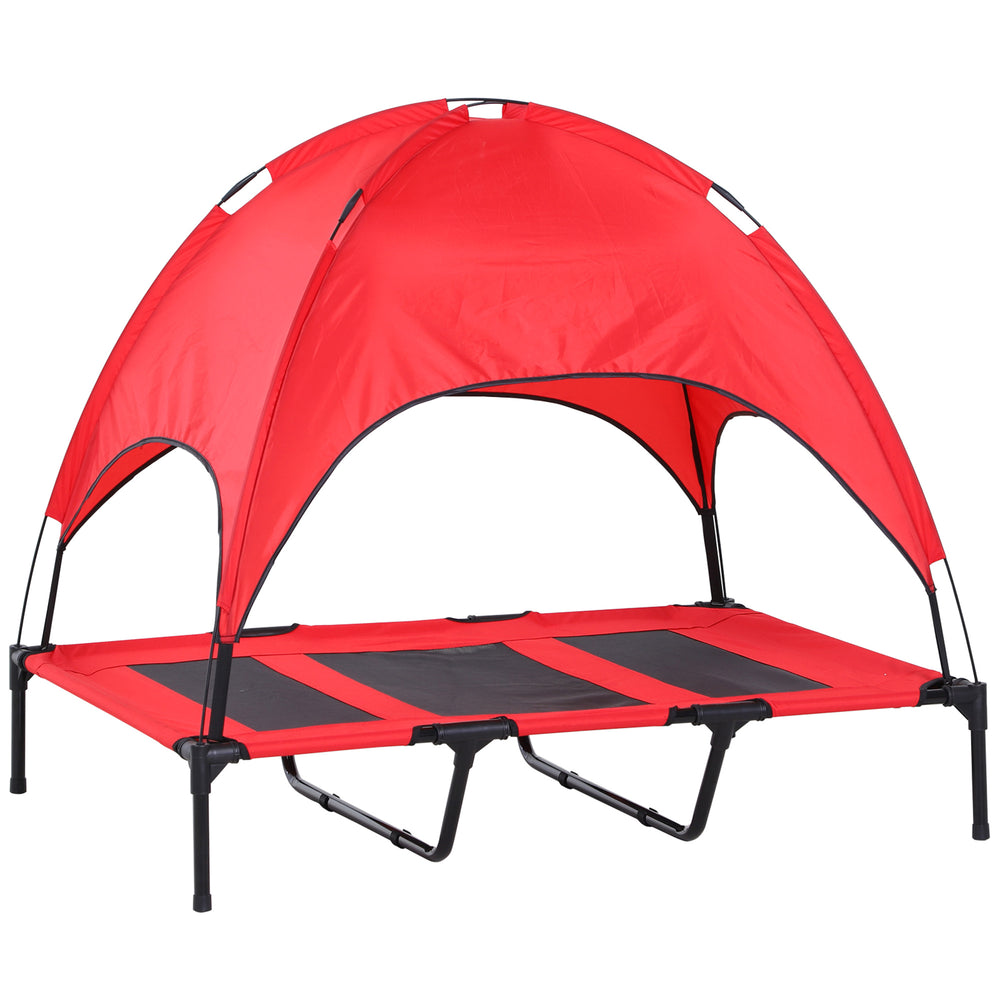 Raised dog bed with tent, red