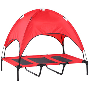 Raised dog bed with tent, red