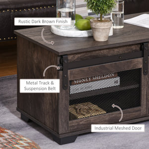 Country style coffee table with sliding mesh door, dark brown