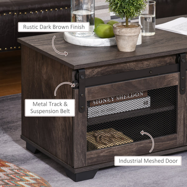 Country style coffee table with sliding mesh door, dark brown