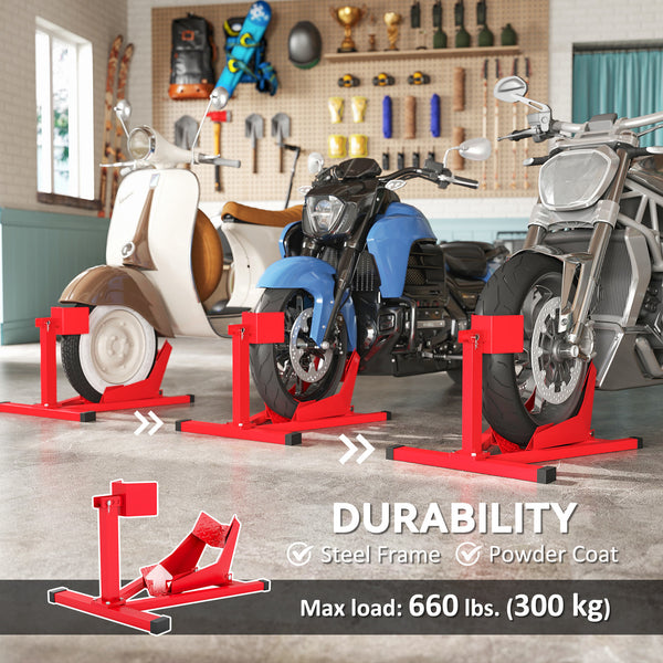 Heavy-duty steel motorcycle wheel chock, 300 kg (660 lb) capacity, for 14-21 inch wheels, red