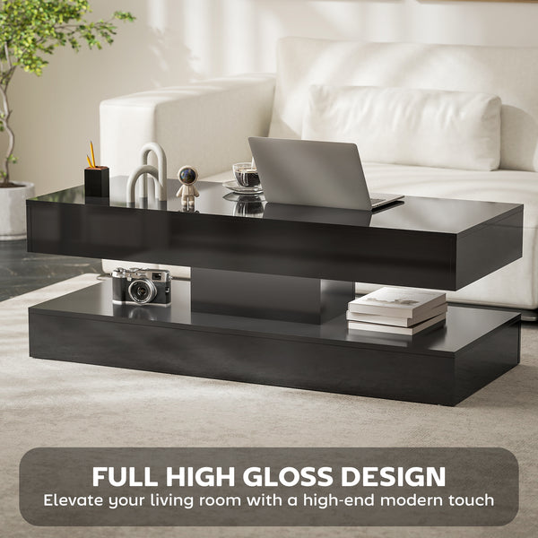 Coffee table with adjustable LED lighting, 2 drawers, open shelf, remote control, glossy black