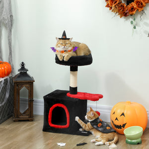 71cm Gothic Cat Tree with Soft Bed, Cozy Cave, Scratching Post and Hanging Ball, Red and Black