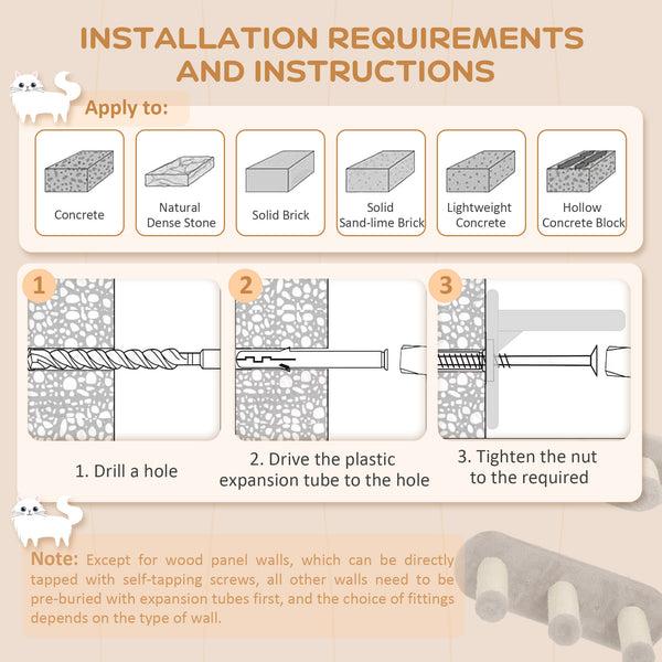 Wall-mounted cat shelves with scratching post, perches, steps and ladder, light grey