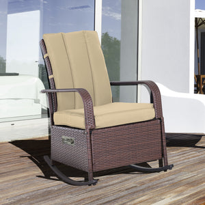 Outdoor rocking chair in PE rattan with cushion and footrest