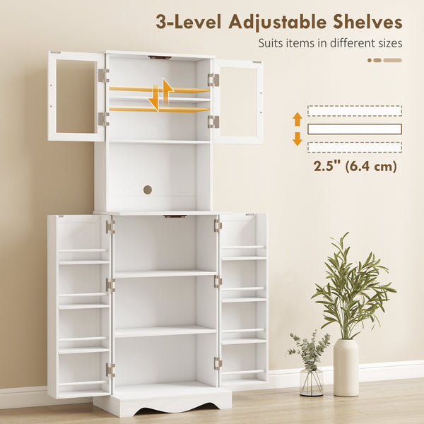 White pantry cabinet with glass doors, 8 door shelves and space for a coffee maker