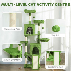 178cm Multi-Level Cat Tree with 2 Cabins, 2 Perches, Hammock, Play Balls, Green