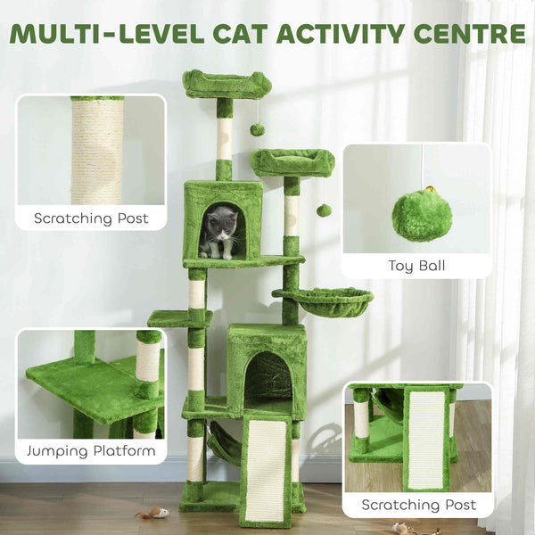 178cm Multi-Level Cat Tree with 2 Cabins, 2 Perches, Hammock, Play Balls, Green