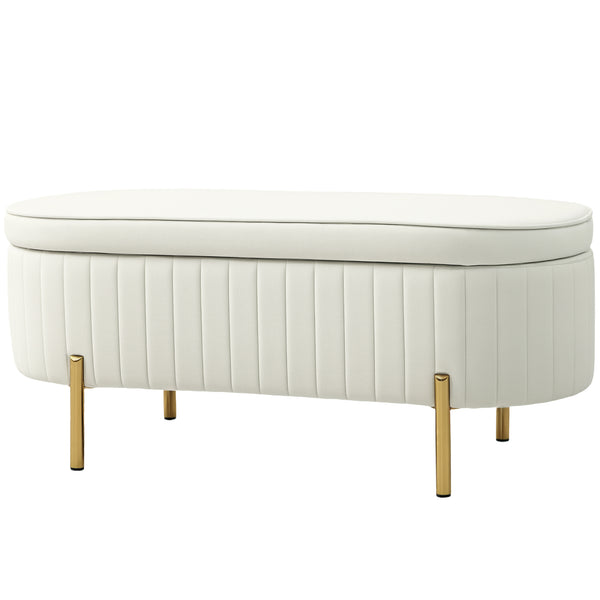 Upholstered tufted bedroom bench with metal legs, cream white