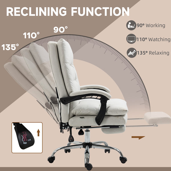 Office chair with massage and 6-point heating, reclining, microfiber upholstery with footrest, cream white
