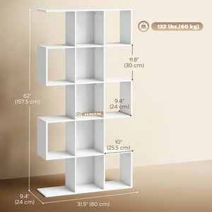 5-Tier S-Shaped Geometric Bookshelf with 15 Compartments, White Wood Look