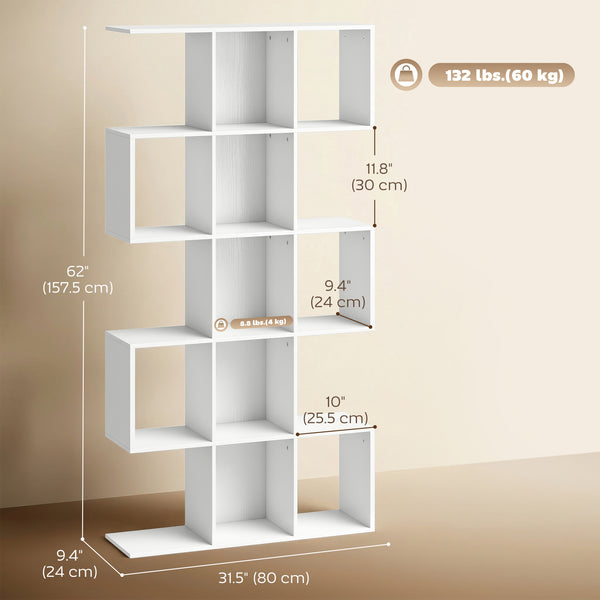 5-Tier S-Shaped Geometric Bookshelf with 15 Compartments, White Wood Look