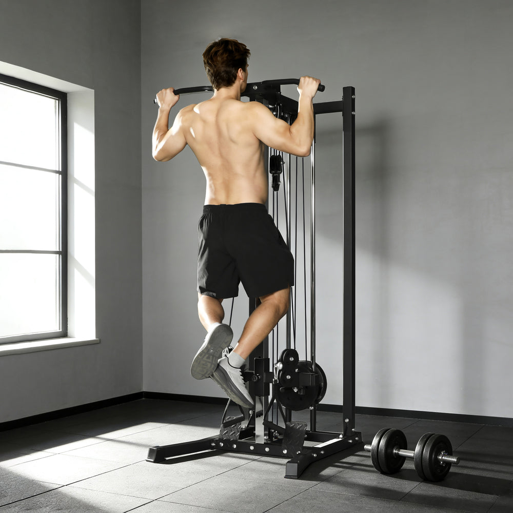 Double pulley system with pull-up bar and 14 adjustable positions