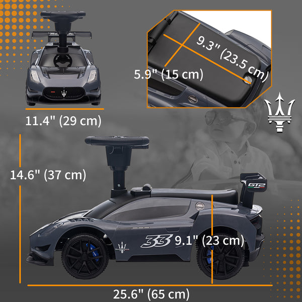 Maserati GT2 toddler car with storage, music, horn, gray