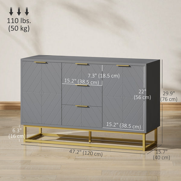 Storage sideboard with 3 drawers, adjustable shelves and doors, gray